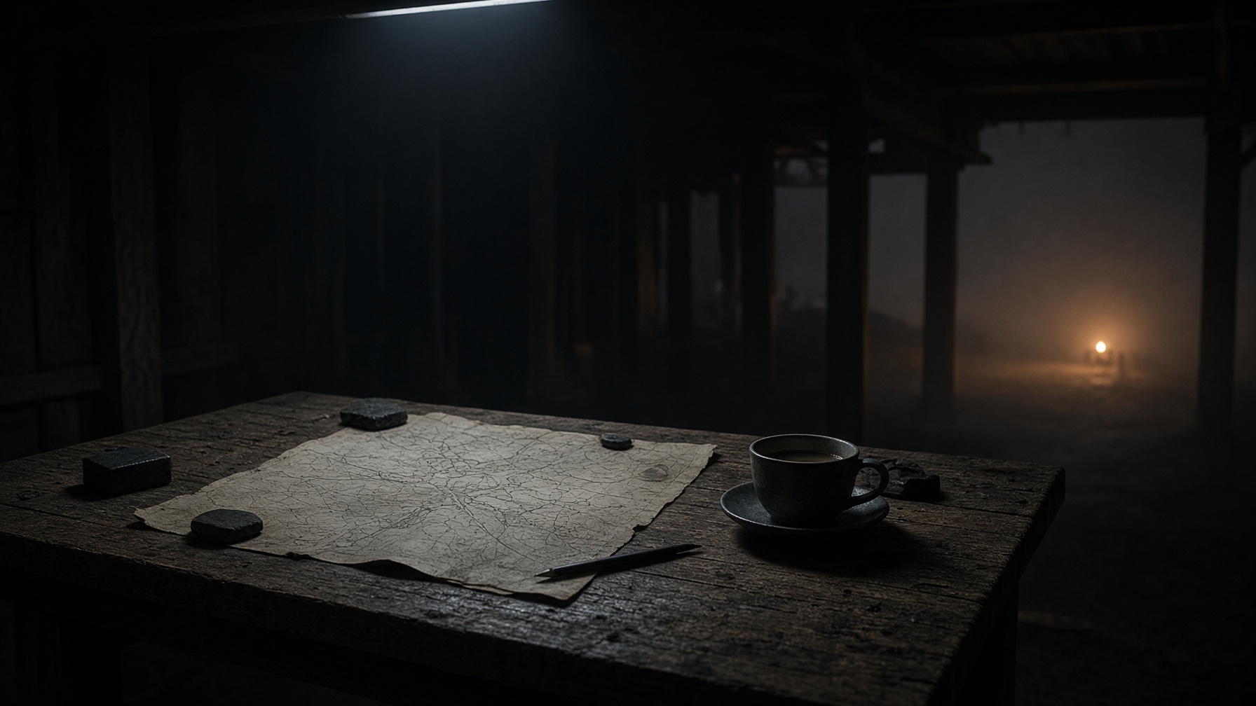 Night table, map, distant light